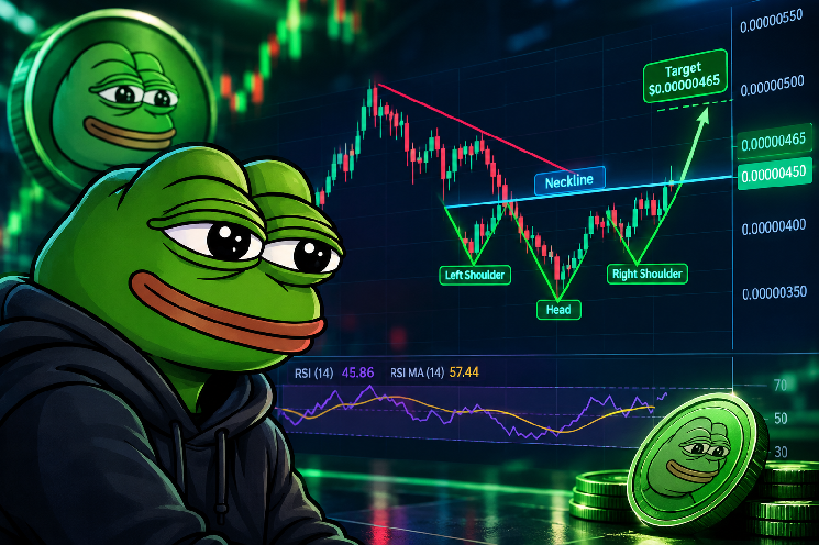 PEPE Price Tests $0.00000450 as Inverted Head and Shoulders Forms